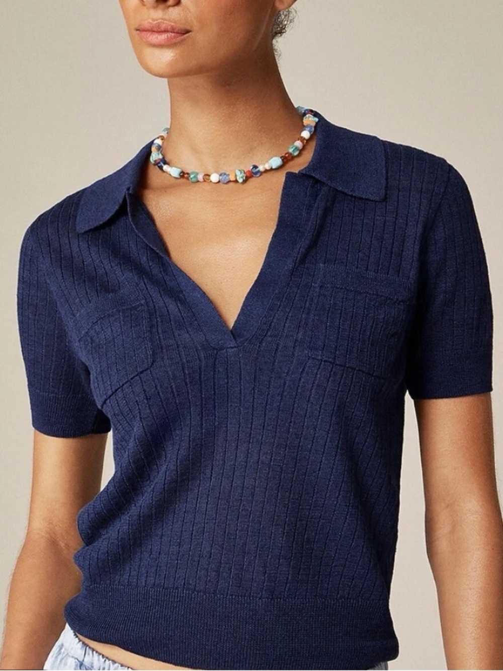 J. Crew Navy Ribbed Short-Sleeve Button Down Knit Top
